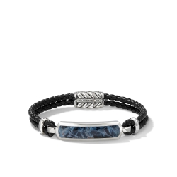Exotic Stone Bar Station Bracelet in Black Leather with Sterling Silver and Pietersite, 3mm