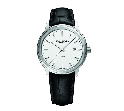 A Raymond Weil timepiece with a stainless steel, white minimalist dial, and black alligator leather strap