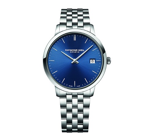 Watch by Raymond Weil with a deep blue dial featuring a date complication and minimalist design. The timepiece has a stainless steel bracelet and case