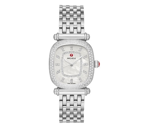 An unusual piece by Michele. It has an ovular case imbued with mother of pearl and diamonds. The bright stainless steel bracelet has an eye-catching rod that secures the case