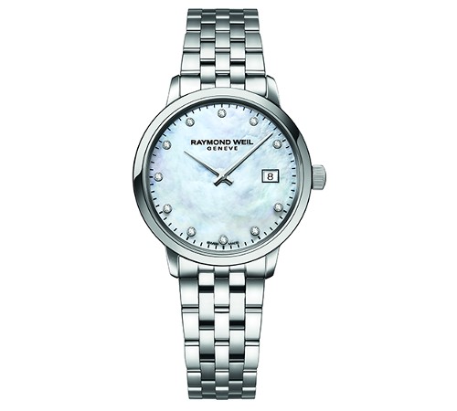 Raymond Weil watch with mother of pearl diamond matched by a stainless steel case and bracelet