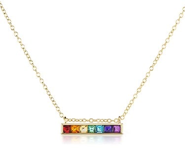 Jane Taylor has created this bar pendant with a variety of colorful princess cut gemstones