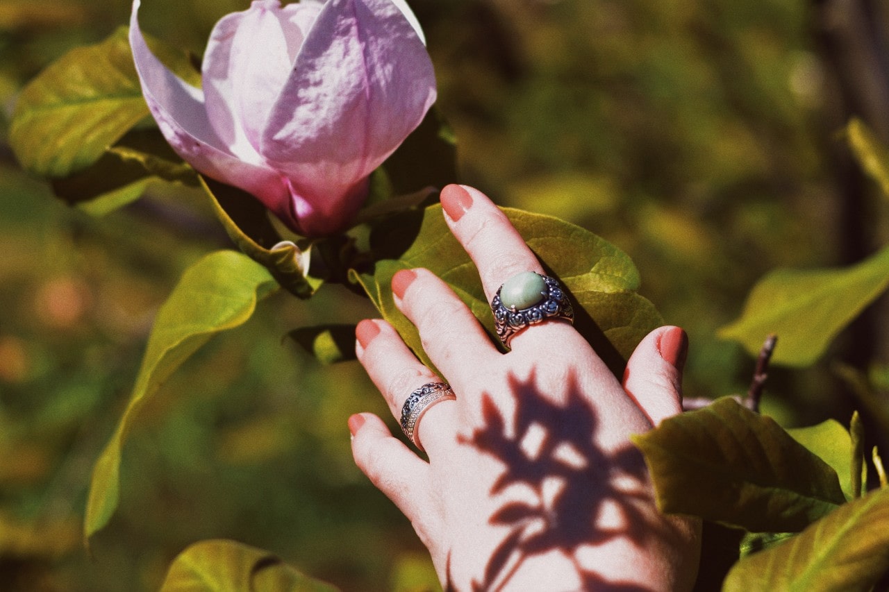 Hand with fashion rings and painted nails reaching for a flower