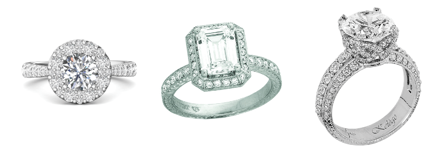 From the left: Martin Flyer halo engagement ring, Jack Kelege emerald cut halo, and Jack Kelege side stone ring with hidden halo