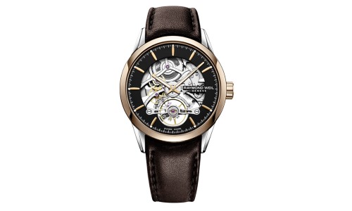 A watch from Raymond Weil that features a skeletal dial and leather strap