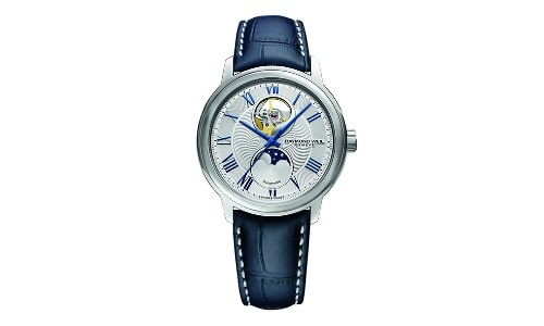 A watch from Raymond Weil features royal blue roman numerals and a moon phase complication