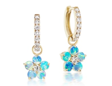 A pair of diamond-adorned earrings features opal flower charms