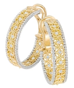 A pair of Jack Kelege mixed metal floral hoop earrings with diamonds