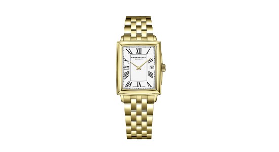 A yellow gold watch by Raymond Weil, featuring a rectangular case