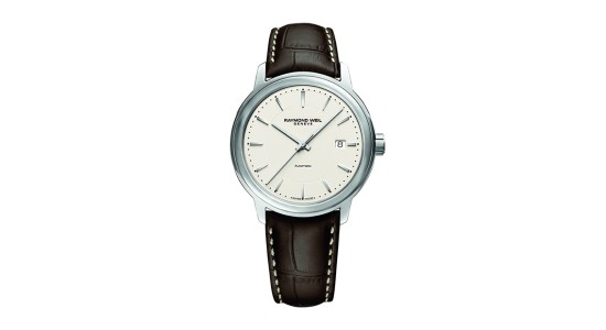 A silver watch with a leather strap and minimalist dial