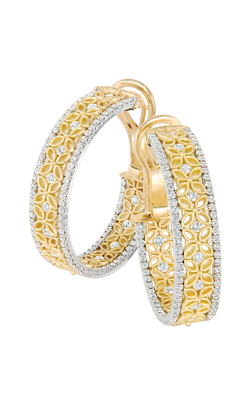 Yellow gold hoop earrings, encrusted with brilliant-cut round diamonds with floral detailings