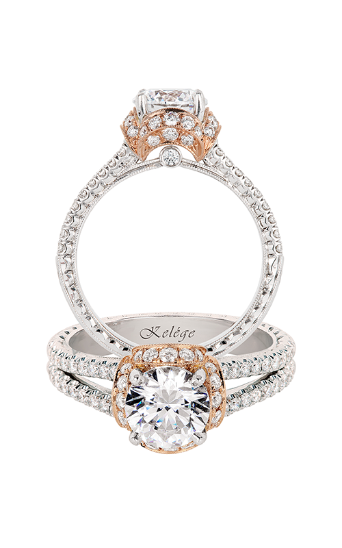 A white gold split shank diamond engagement rings, adorned with small diamonds along the band