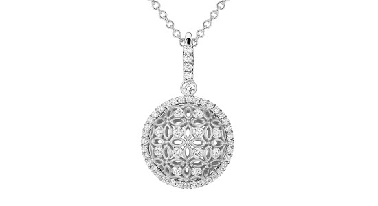 a white gold pendant necklace with intricate details and diamond accents