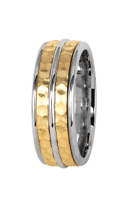 A white and yellow gold Jack Kelege wedding band, from Frank Adams Jewelers.
