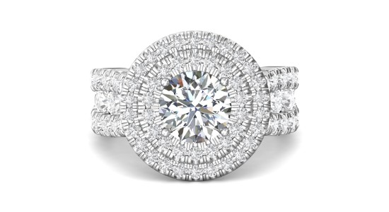 a round cut engagement ring with a double halo and three rows of side stones