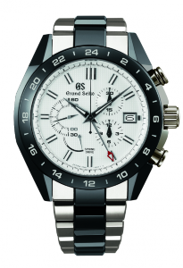 A Grand Seiko wristwatch featuring chronograph complications and a rotating bezel, available at Frank Adams Jewelers.